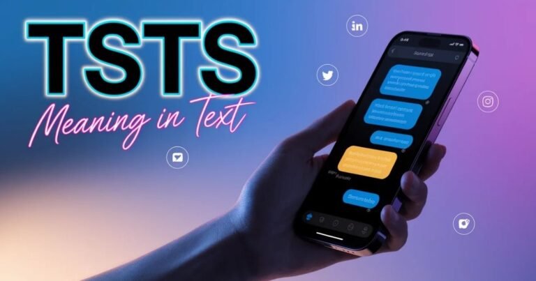 Smartphone chat screen showing the abbreviation TSTS in a message conversation. Bold colorful overlay text reads TSTS Meaning in Text. Modern gradient background with clean digital style.
