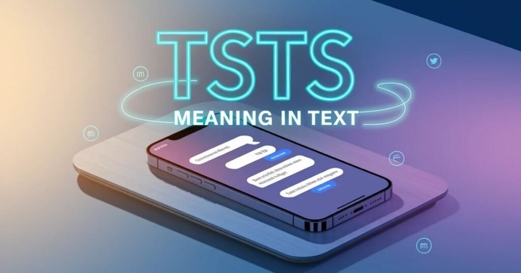 Close-up of phone displaying text message with TSTS reply. Large bold overlay title TSTS Meaning in Text highlighted in bright colors. Minimal blog banner design with soft blue and purple tones.